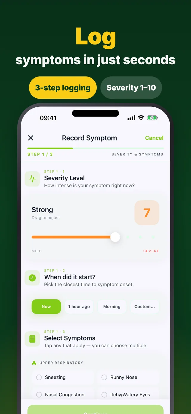 Log symptoms in just a few taps